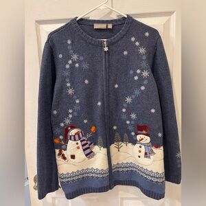 Croft & Barrow Blue Snowman Embroidered Full Zip Cardigan